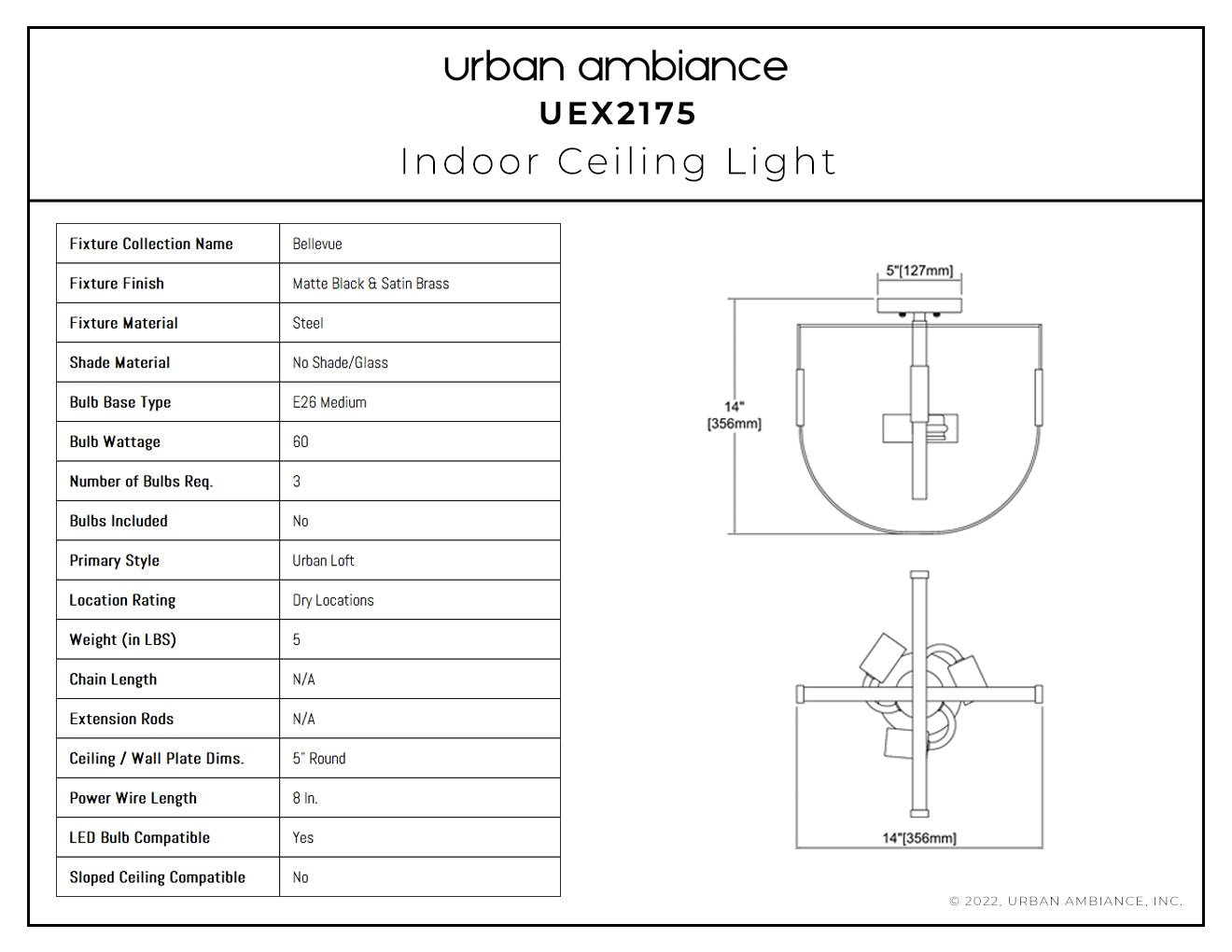 UEX2175 Luxe Industrial Ceiling Light 14''H x 14''W, Matte Black & Satin Brass Finish, Bellevue Collection