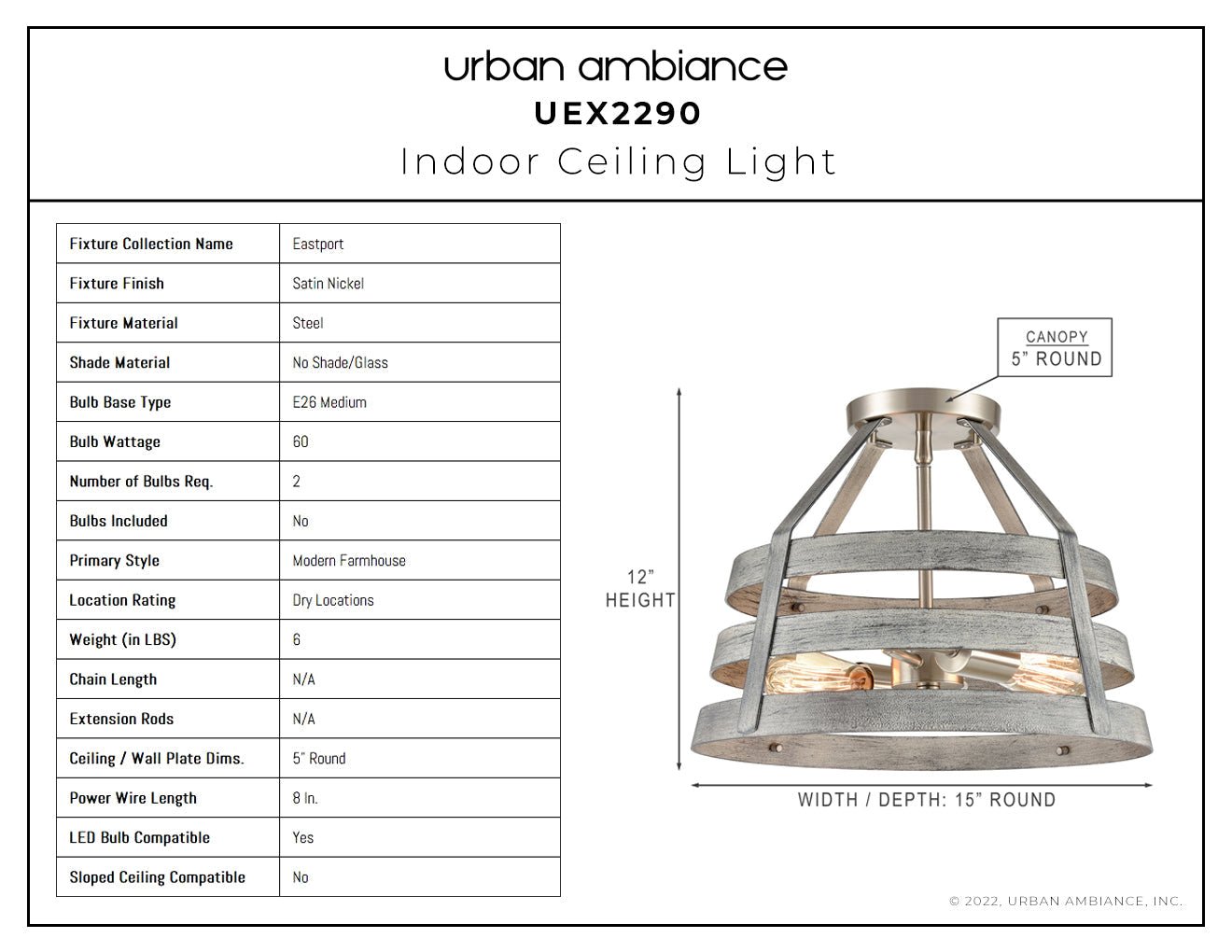 UEX2290 Modern Farmhouse Ceiling Light 12''H x 15''W, Satin Nickel Finish, Eastport Collection