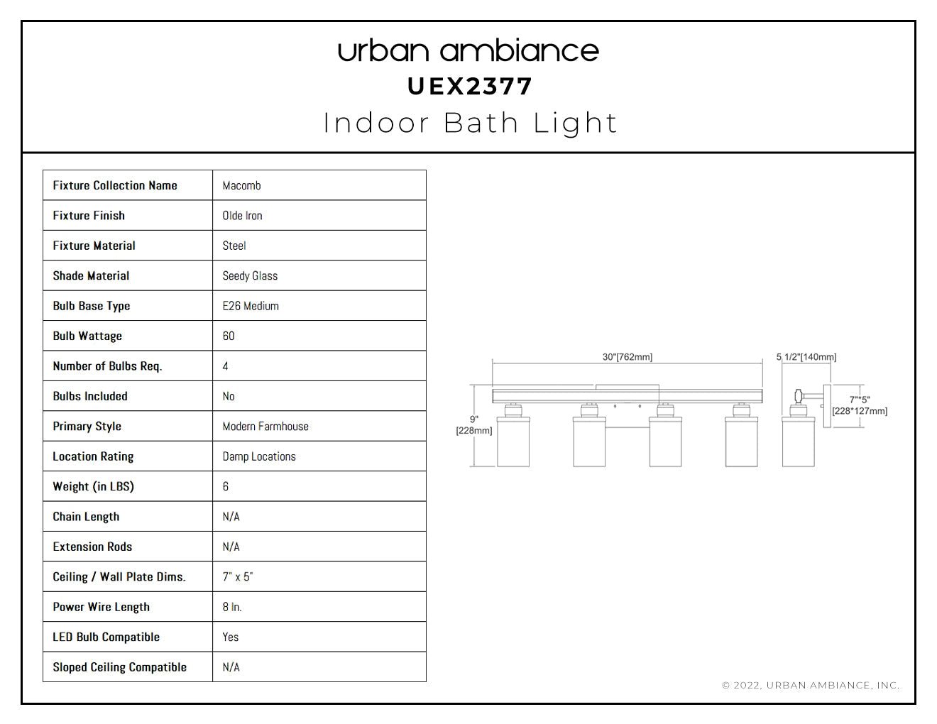 UEX2377 New Traditional Bath Light 9''H x 30''W, Olde Iron Finish, Macomb Collection