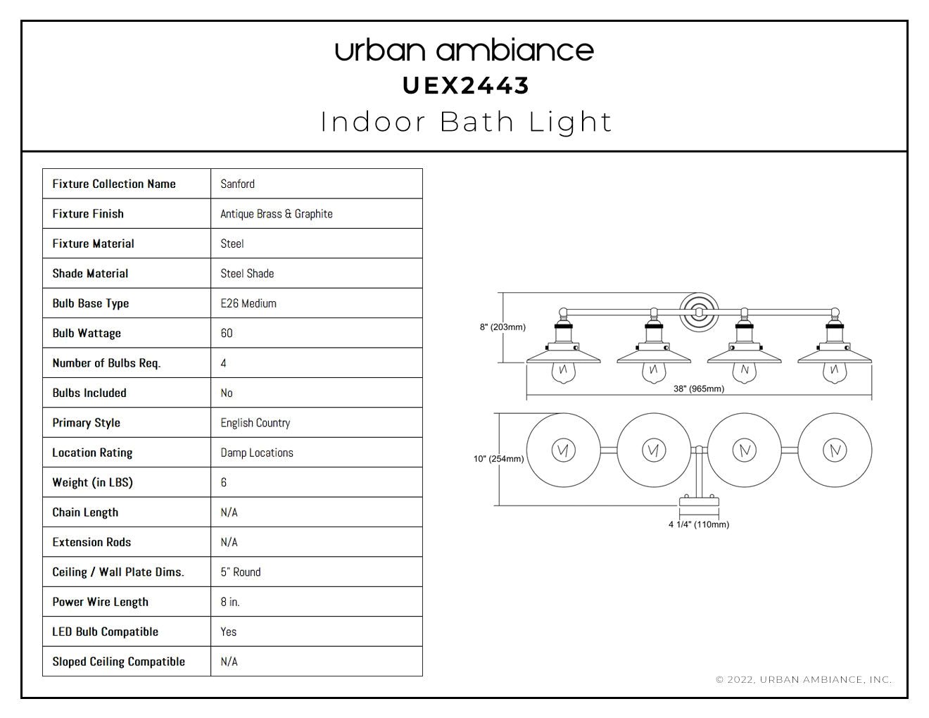 UEX2443 New Traditional Bath Light 8''H x 38''W, Antique Brass & Graphite Finish, Sanford Collection