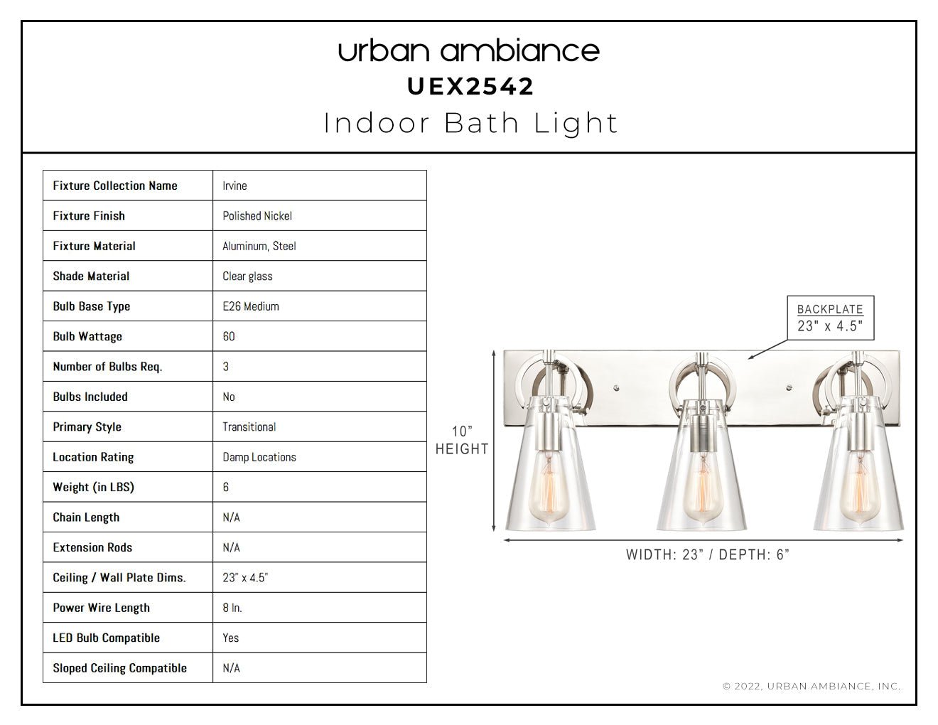 UEX2542 New Traditional Bath Light 10''H x 23''W, Polished Nickel Finish, Irvine Collection