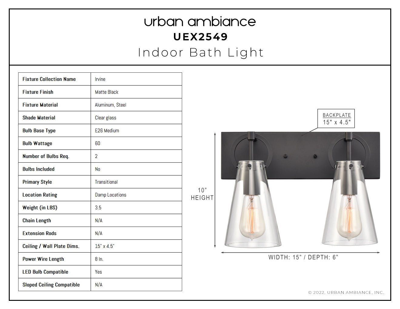 UEX2549 New Traditional Bath Light 10''H x 15''W, Matte Black Finish, Irvine Collection