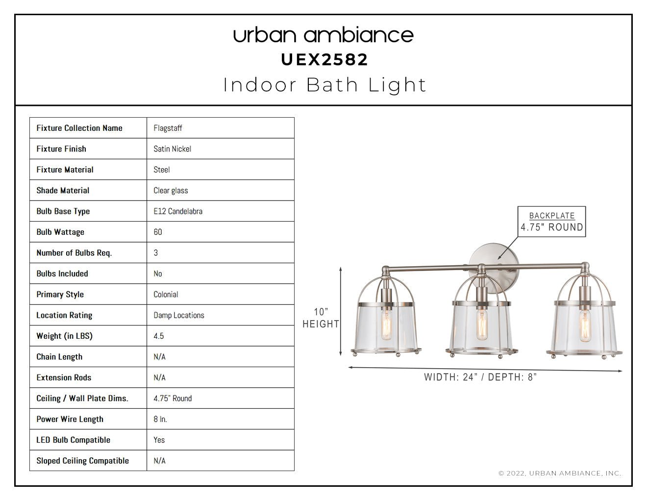 UEX2582 Colonial Bath Light 10''H x 24''W, Satin Nickel Finish, Flagstaff Collection