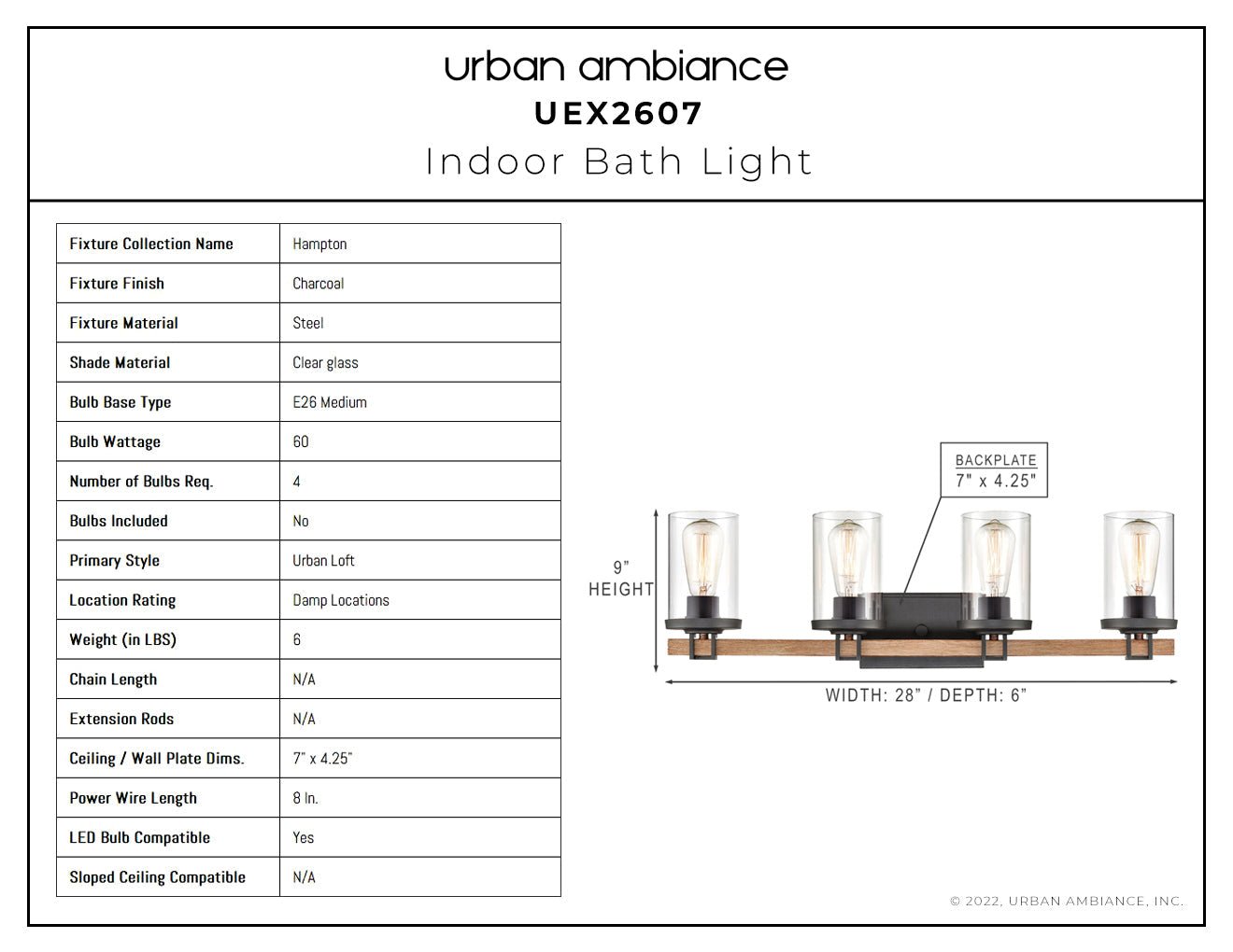 UEX2607 Urban Loft Bath Light 9''H x 28''W, Charcoal Finish, Hampton Collection