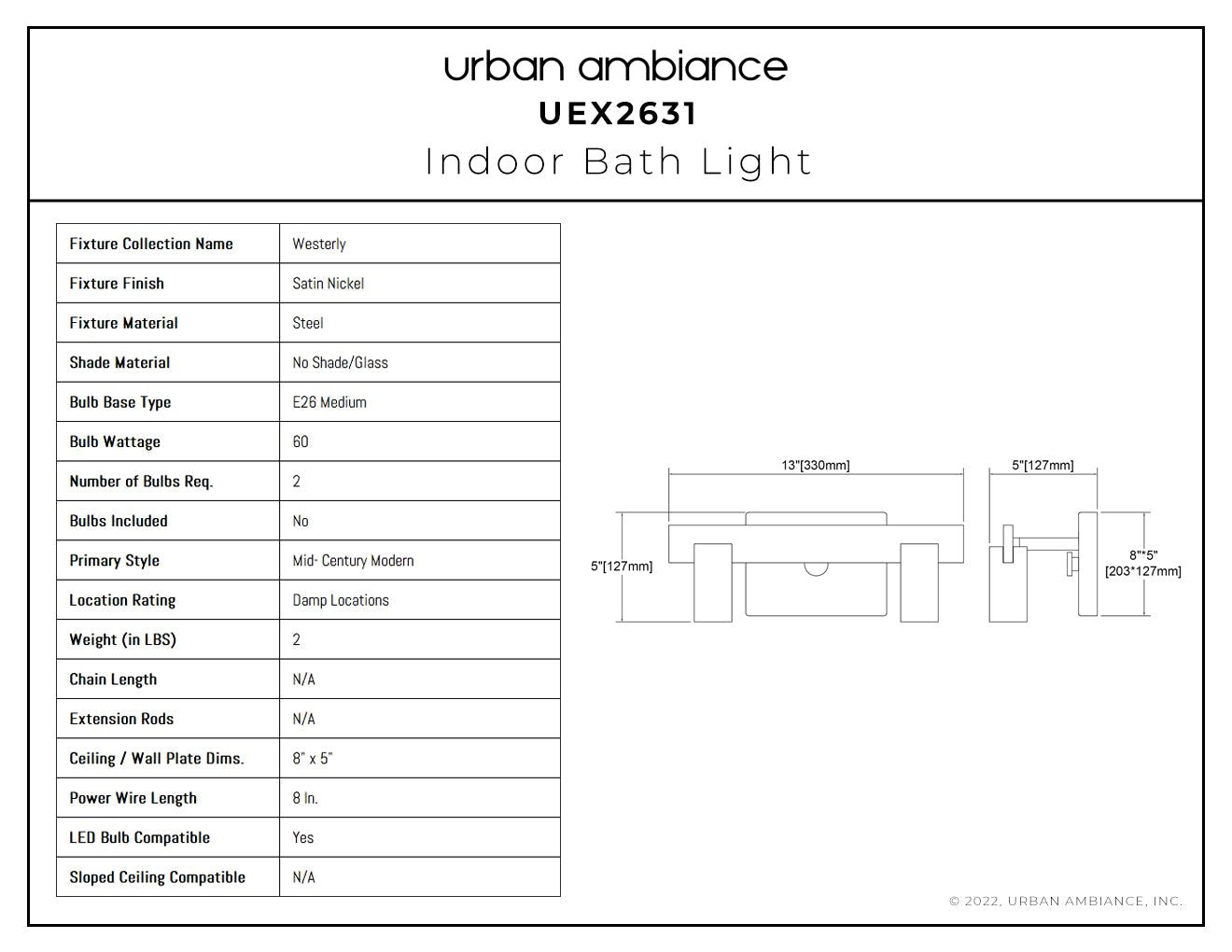 UEX2631 Mid-Century Modern Bath Light 5''H x 13''W, Satin Nickel Finish, Westerly Collection