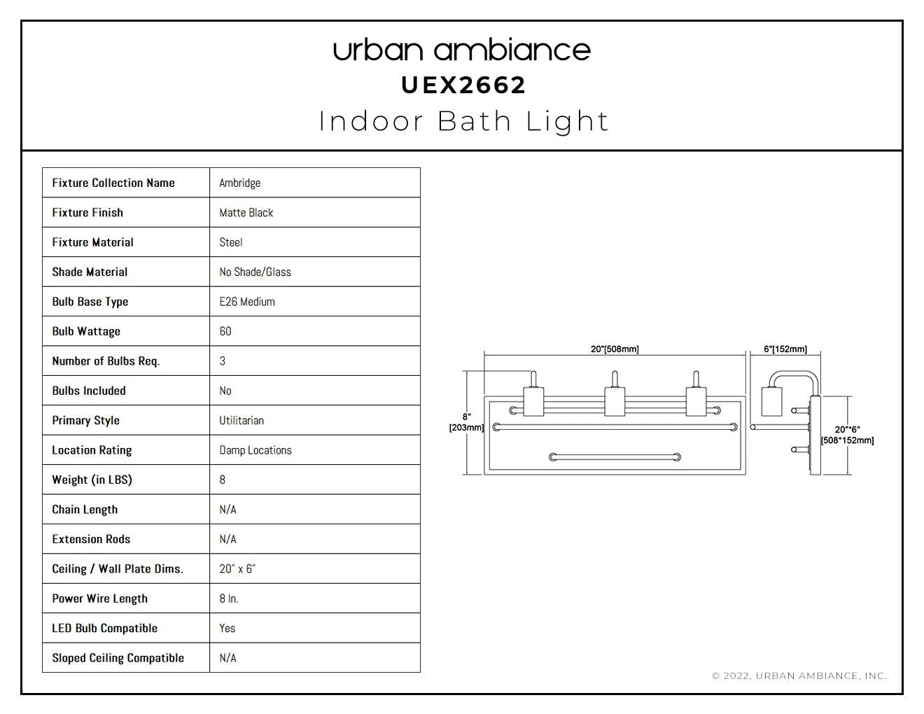 UEX2662 Utilitarian Bath Light 8''H x 20''W, Matte Black Finish, Ambridge Collection