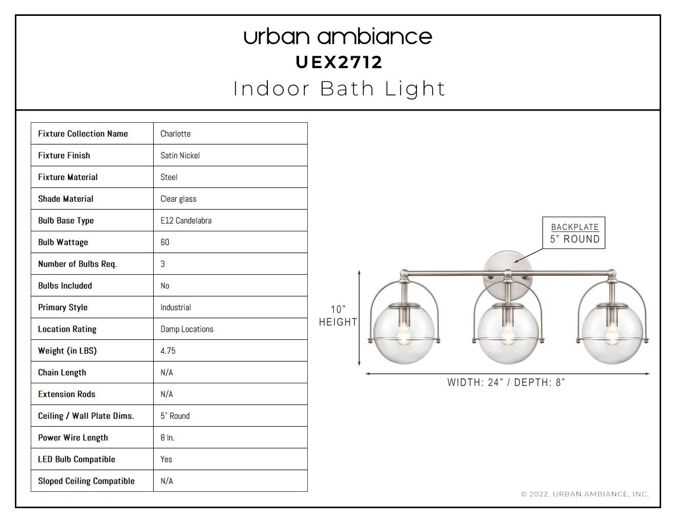 UEX2712 Industrial Bath Light 10''H x 24''W, Satin Nickel Finish, Charlotte Collection