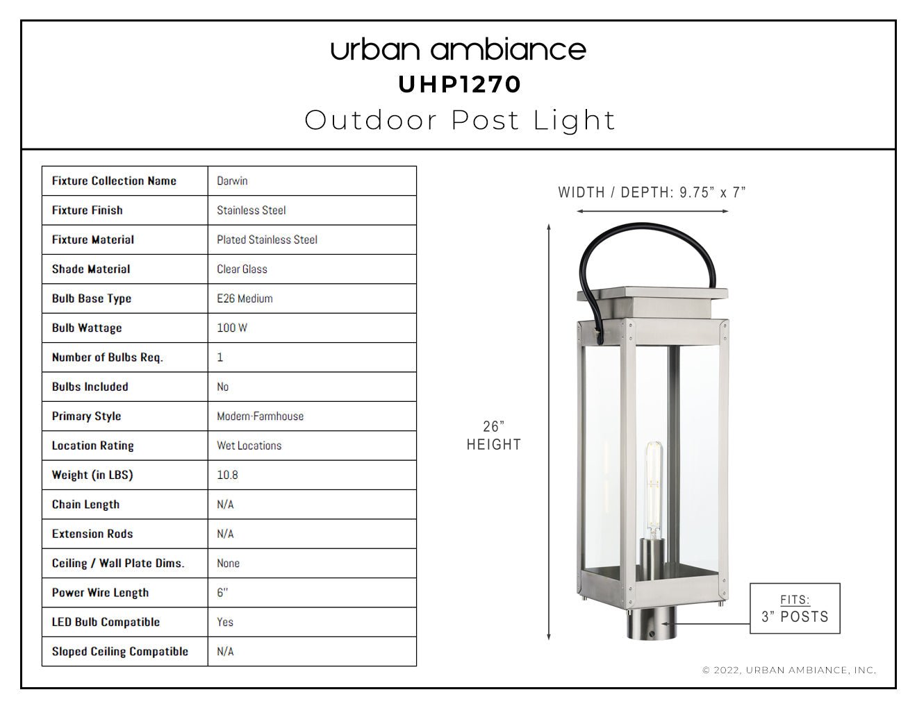 UHP1270 Modern Farmhouse Outdoor Post Light 26''H x 9.75''W, Stainless Steel Finish, Darwin Collection