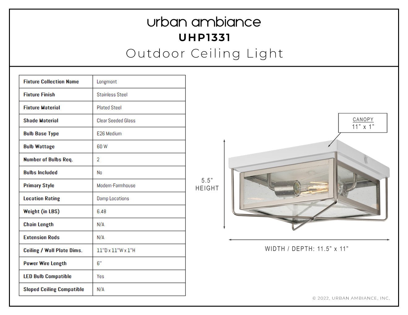 UHP1331 Vintage Outdoor Ceiling Light 5.5''H x 11.5''W, Stainless Steel Finish, Longmont Collection