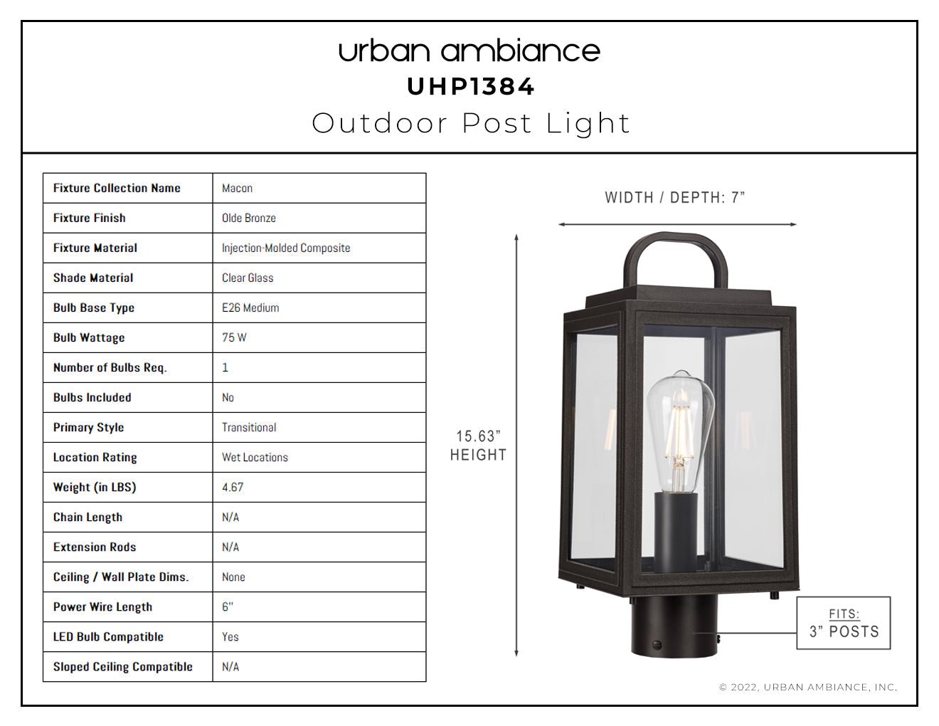 UHP1384 Farmhouse Outdoor Post Light 15.625''H x 7''W, Olde Bronze Finish, Macon Collection