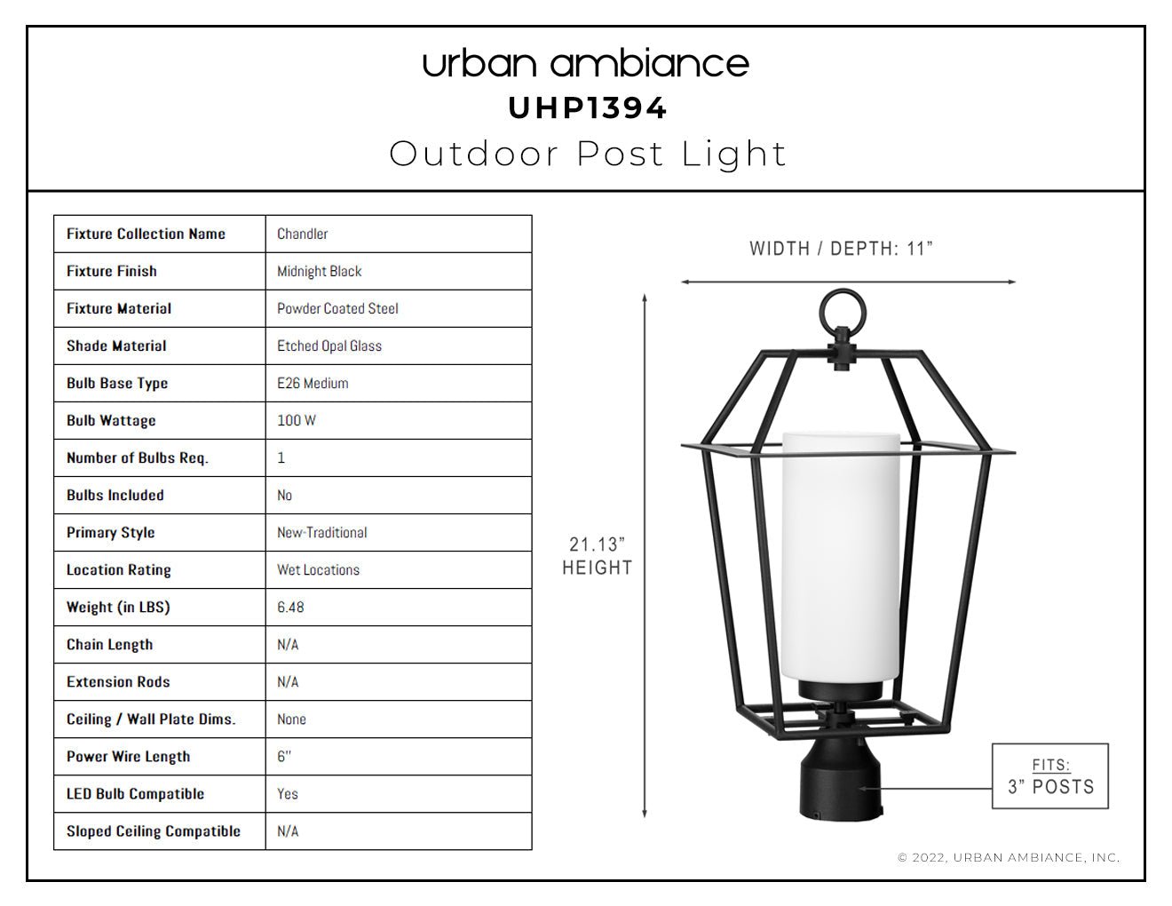 UHP1394 Minimalist Outdoor Post Light 21.125''H x 11''W, Midnight Black Finish, Chandler Collection