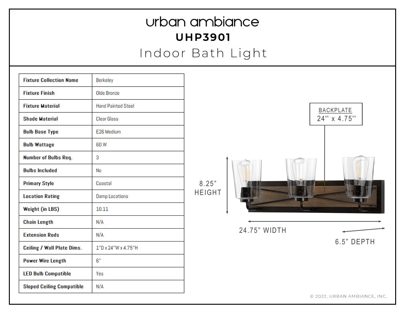 UHP3901 Farmhouse Bath Light 8.25''H x 24.75''W, Olde Bronze Finish, Berkeley Collection