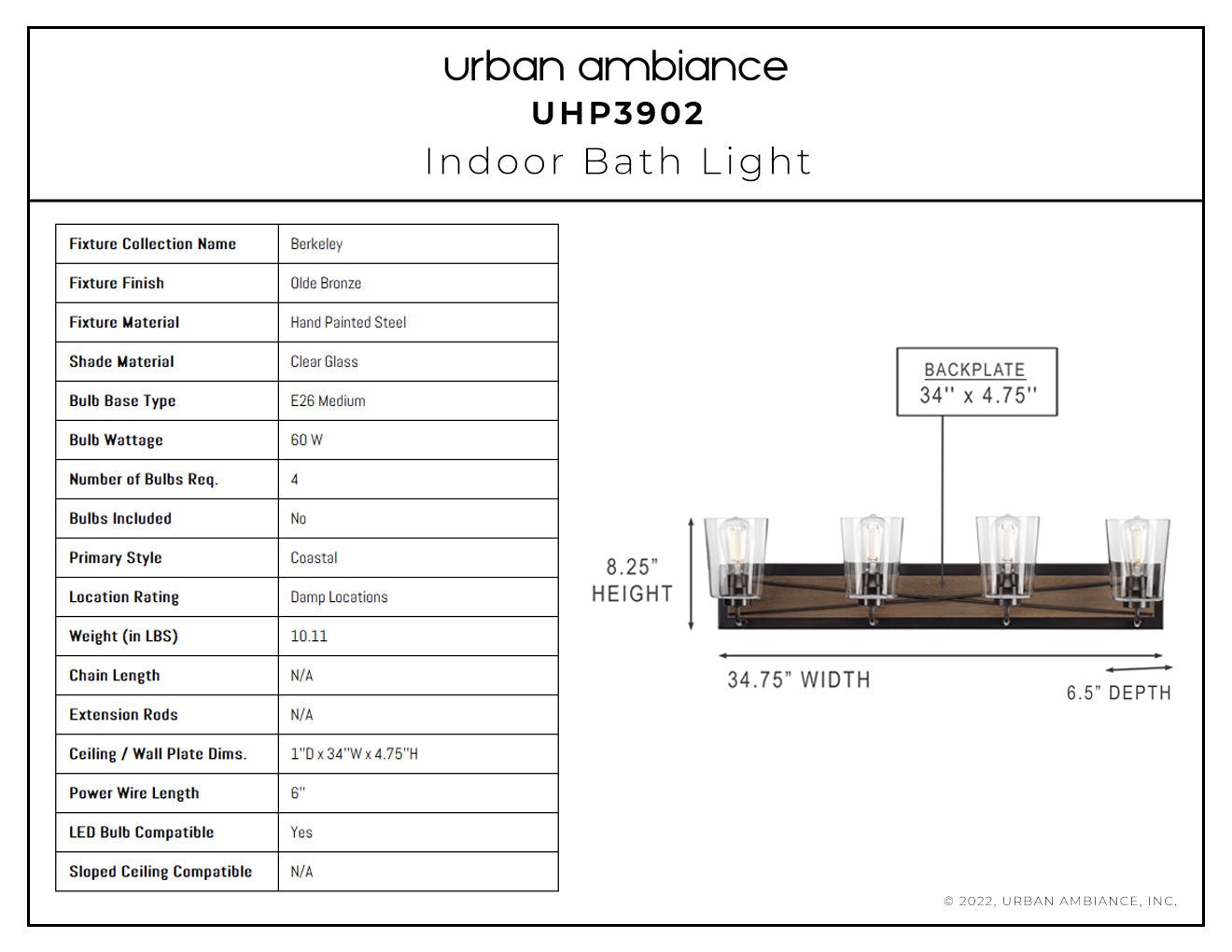 UHP3902 Farmhouse Bath Light 8.25''H x 34.75''W, Olde Bronze Finish, Berkeley Collection