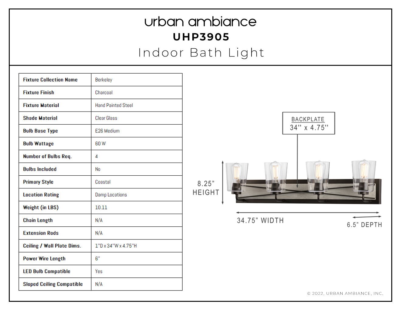 UHP3905 Farmhouse Bath Light 8.25''H x 34.75''W, Charcoal Finish, Berkeley Collection