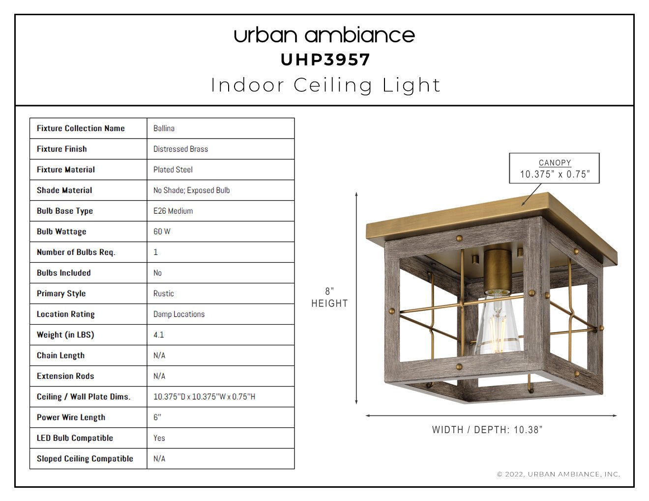 UHP3957 Modern Farmhouse Ceiling Light 8''H x 10.375''W, Distressed Brass Finish, Ballina Collection