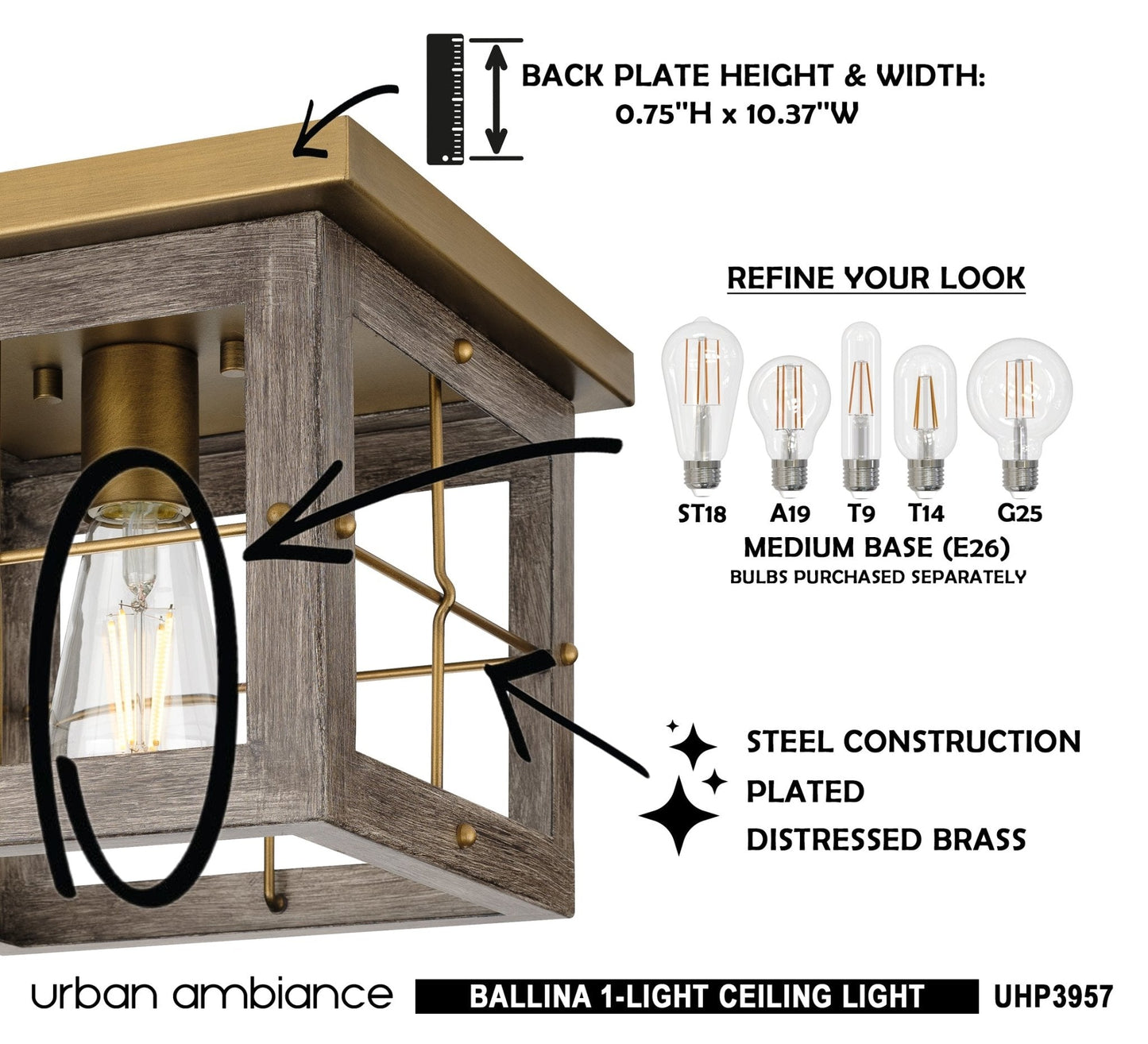 UHP3957 Modern Farmhouse Ceiling Light 8''H x 10.375''W, Distressed Brass Finish, Ballina Collection