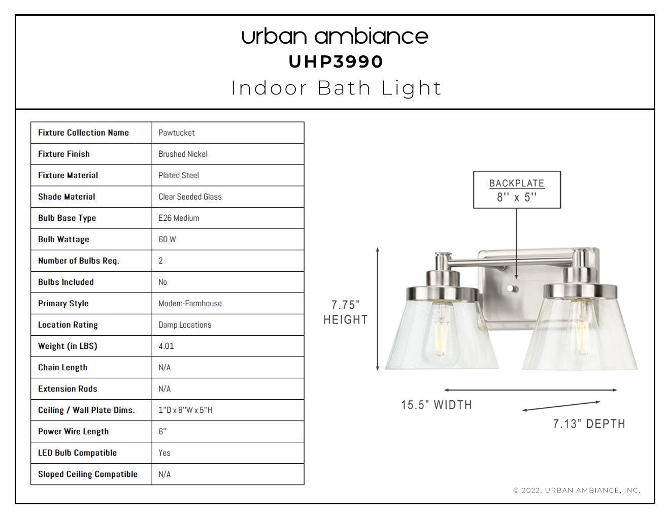 UHP3990 Traditional Bath Light 7.75''H x 15.5''W, Brushed Nickel Finish, Pawtucket Collection