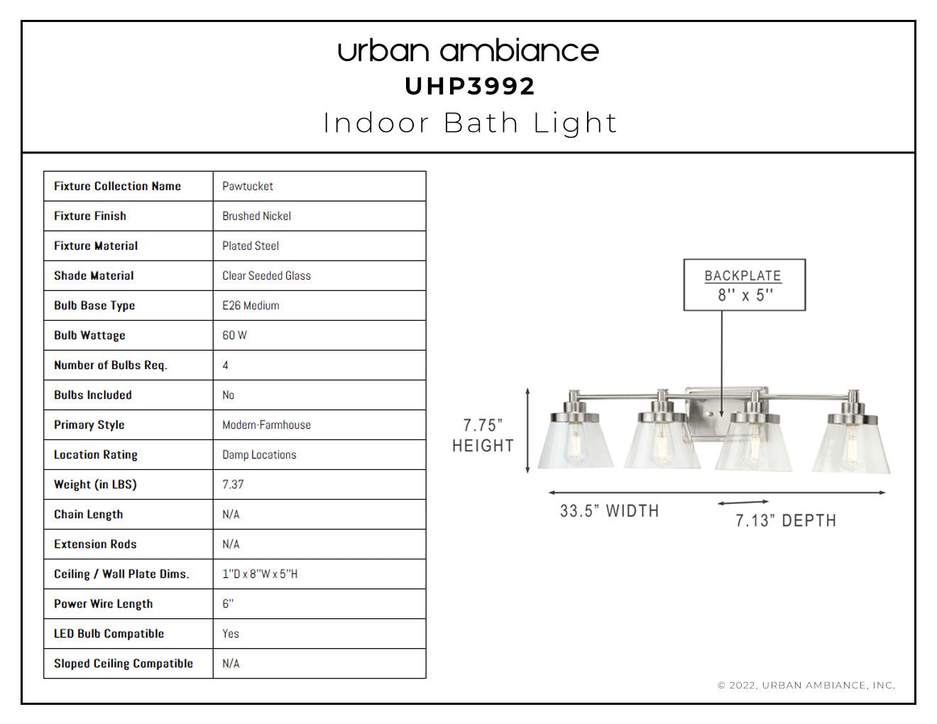 UHP3992 Traditional Bath Light 7.75''H x 33.5''W, Brushed Nickel Finish, Pawtucket Collection