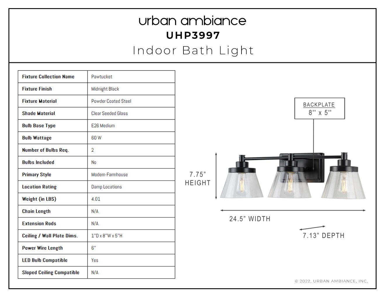 UHP3997 Traditional Bath Light 7.75''H x 24.5''W, Midnight Black Finish, Pawtucket Collection