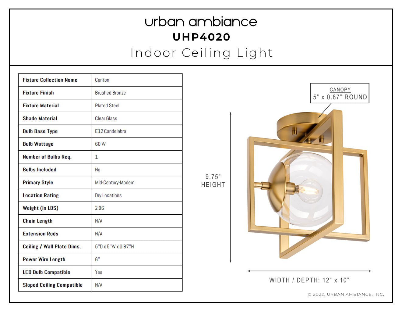 UHP4020 Minimalist Ceiling Light 9.75''H x 12''W, Brushed Bronze Finish, Canton Collection