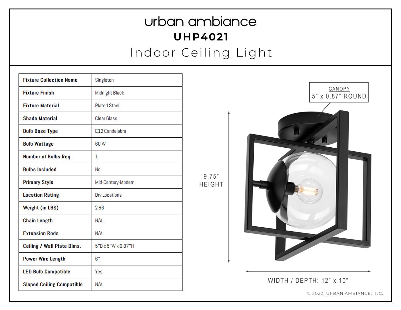 UHP4021 Minimalist Ceiling Light 9.75''H x 12''W, Midnight Black Finish, Singleton Collection