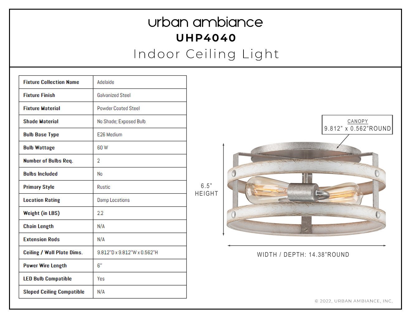 UHP4040 Farmhouse Ceiling Light 6.5''H x 14.375''W, Galvanized Steel Finish, Adelaide Collection