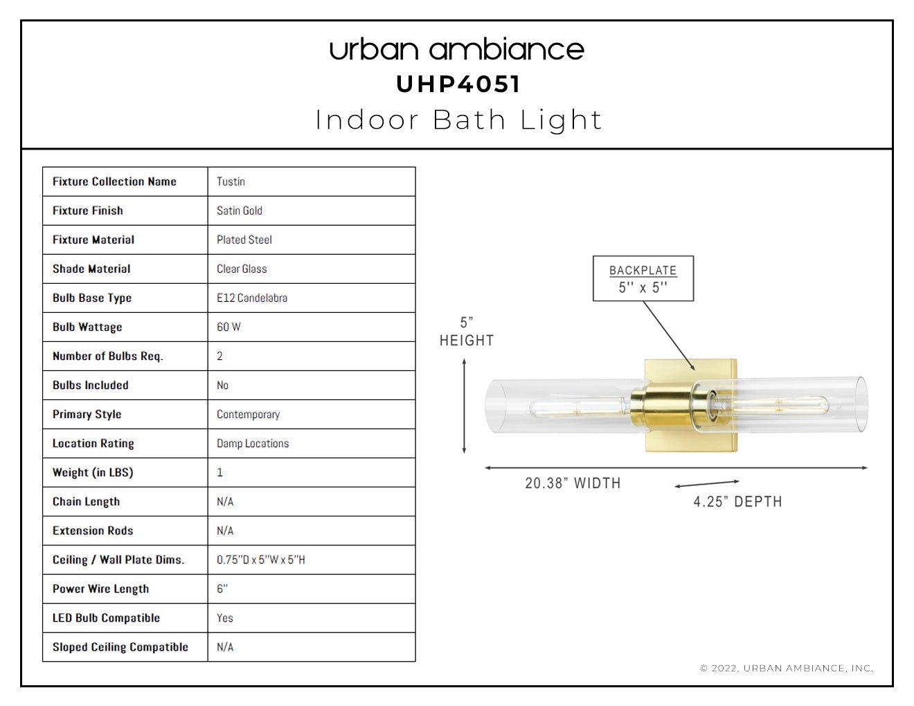 UHP4051 Cosmopolitan Bath Light 5''H x 20.375''W, Satin Gold Finish, Tustin Collection