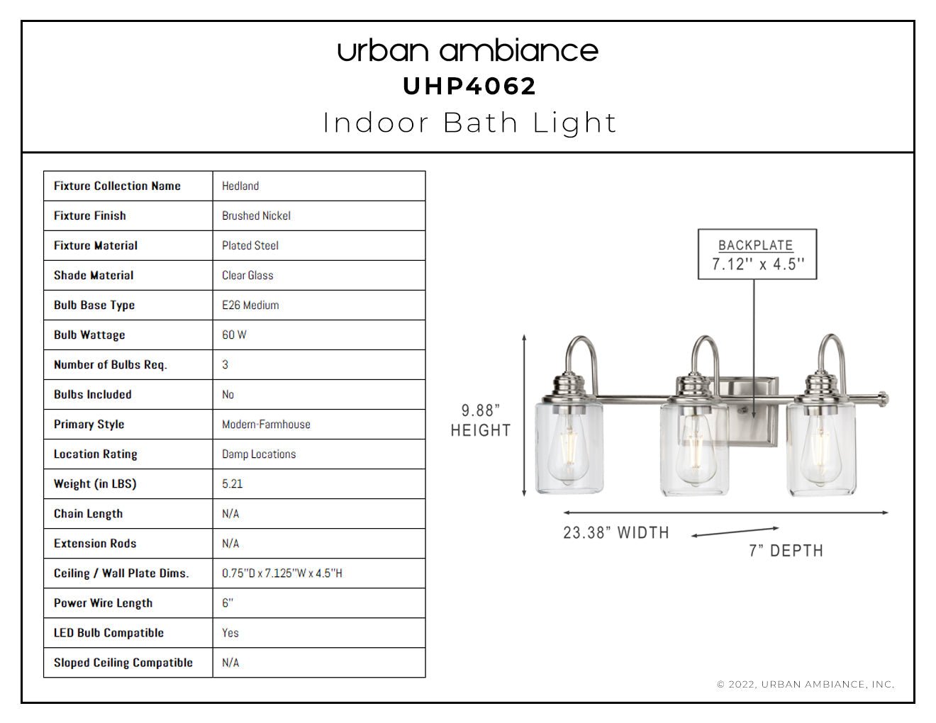 UHP4062 Vintage Bath Light 9.875''H x 23.375''W, Brushed Nickel Finish, Hedland Collection