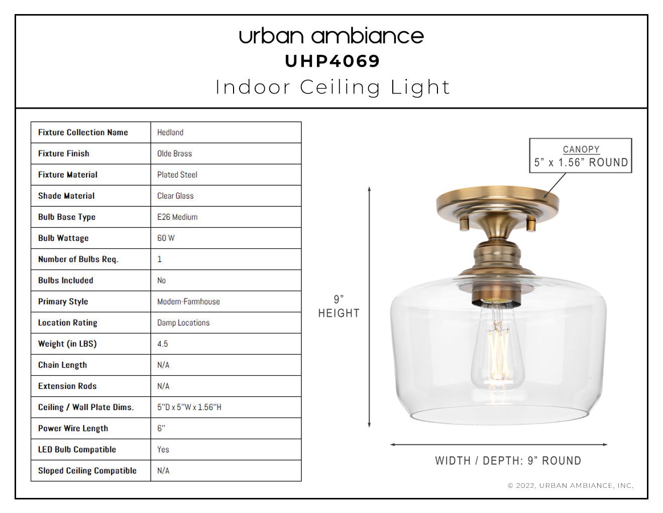 UHP4069 Vintage Ceiling Light 9''H x 9''W, Olde Brass Finish, Hedland Collection