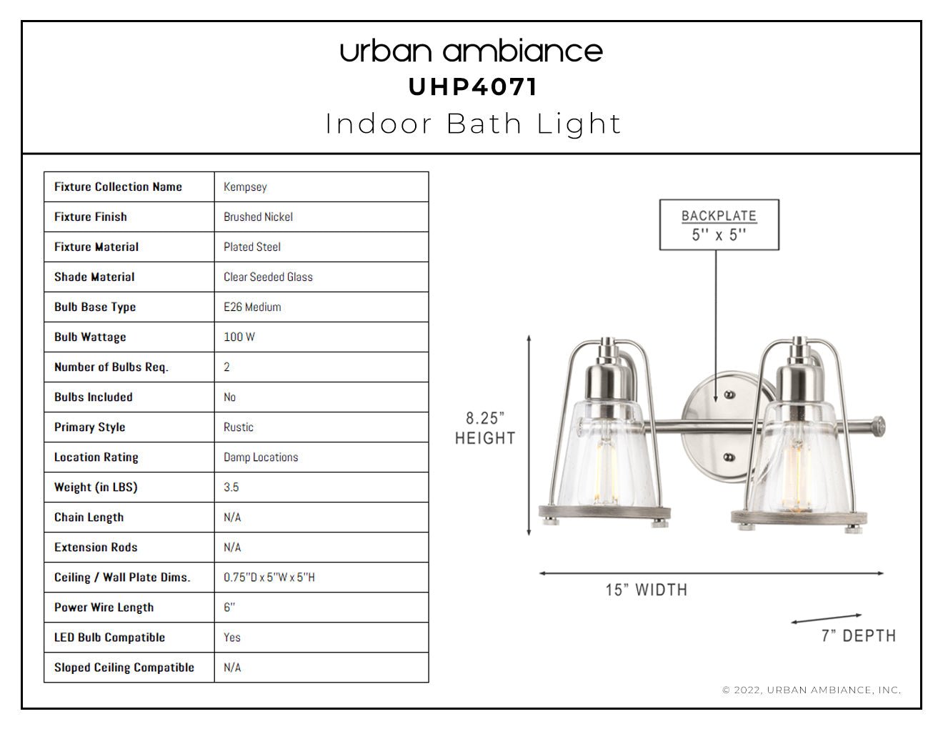 UHP4071 Coastal Bath Light 8.25''H x 15''W, Brushed Nickel Finish, Kempsey Collection