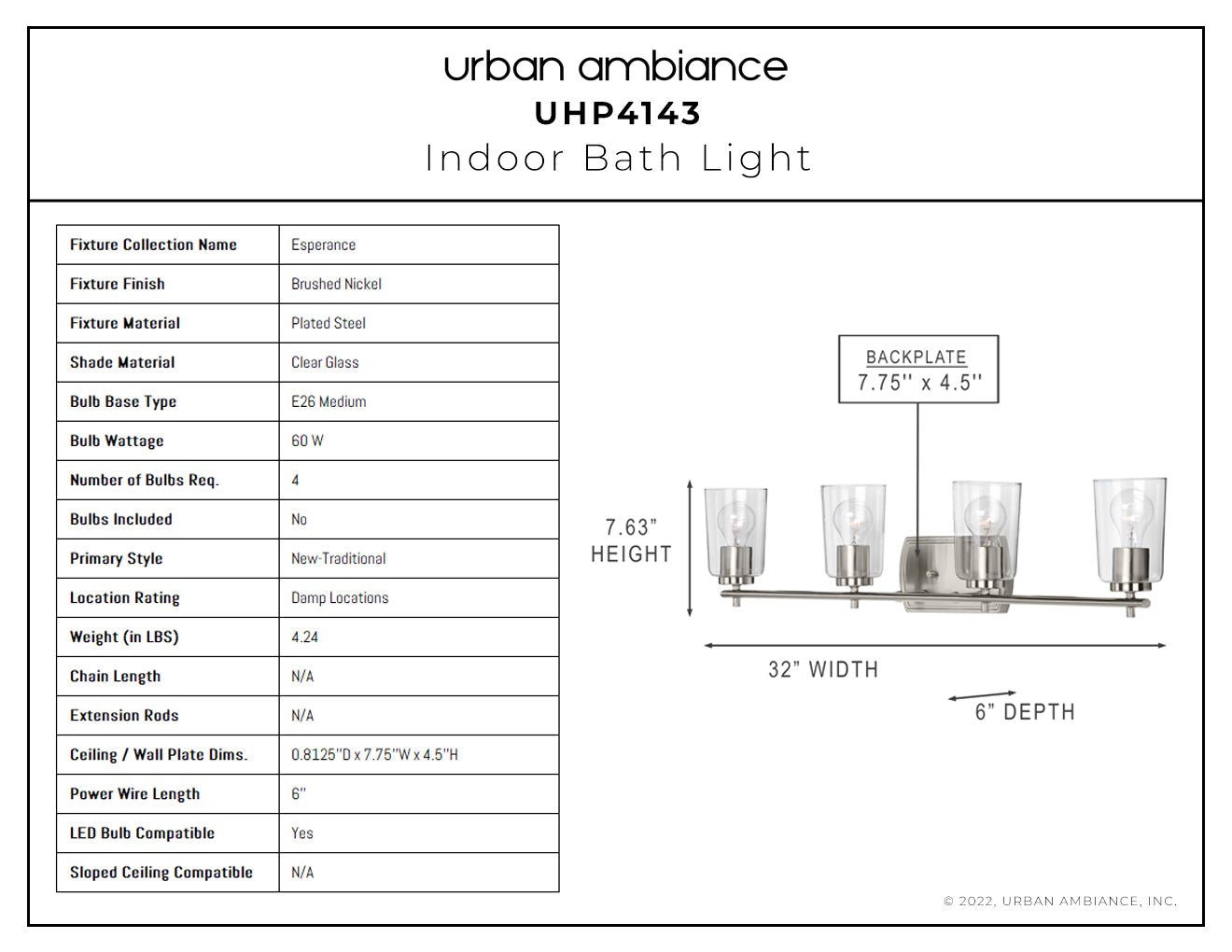 UHP4143 Traditional Bath Light 7.625''H x 32''W, Brushed Nickel Finish, Esperance Collection