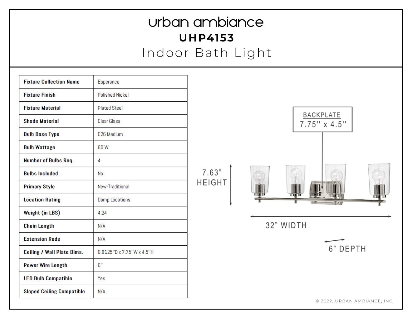 UHP4153 Traditional Bath Light 7.625''H x 32''W, Polished Nickel Finish, Esperance Collection