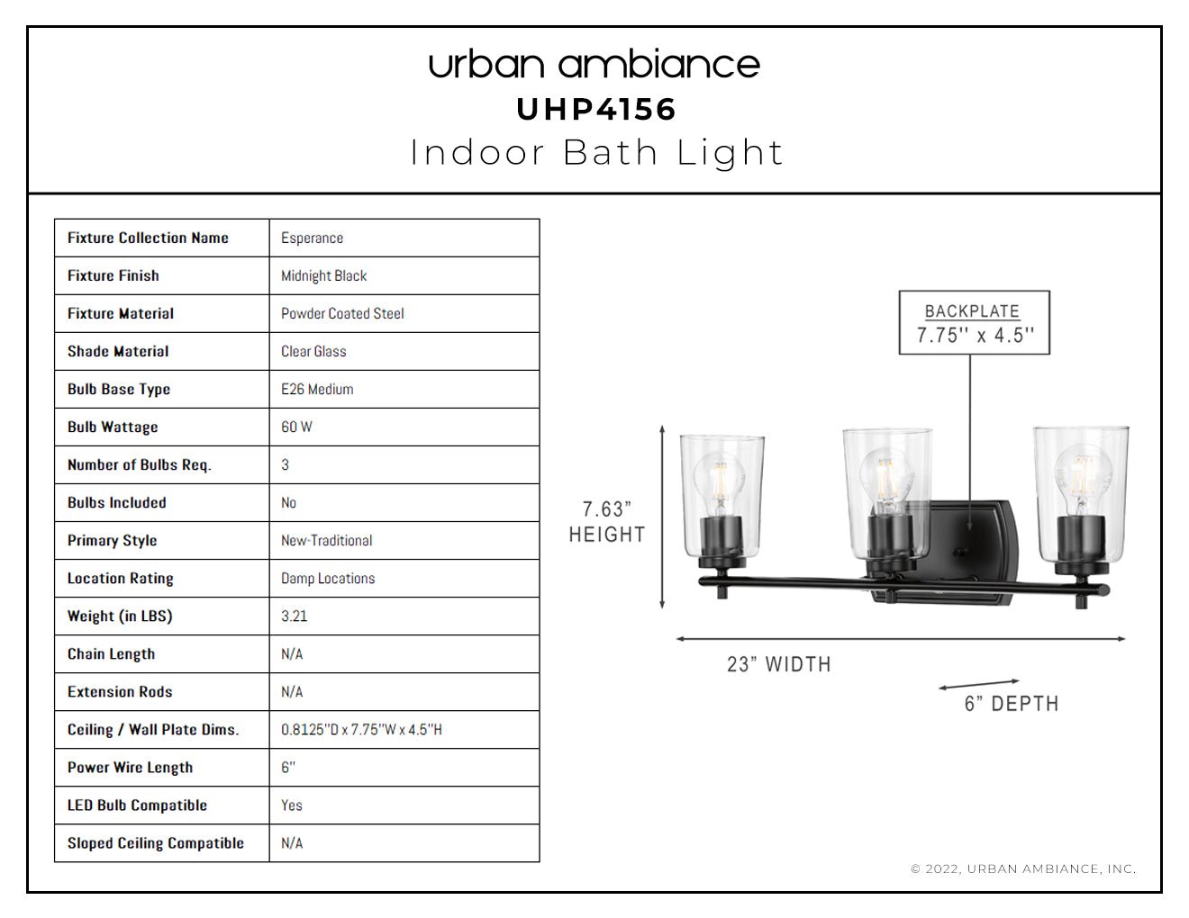 UHP4156 Traditional Bath Light 7.625''H x 23''W, Midnight Black Finish, Esperance Collection