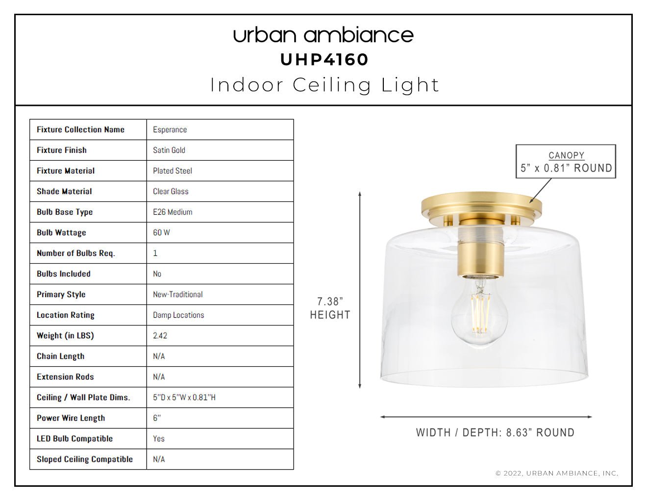 UHP4160 Traditional Ceiling Light 7.375''H x 8.625''W, Satin Gold Finish, Esperance Collection