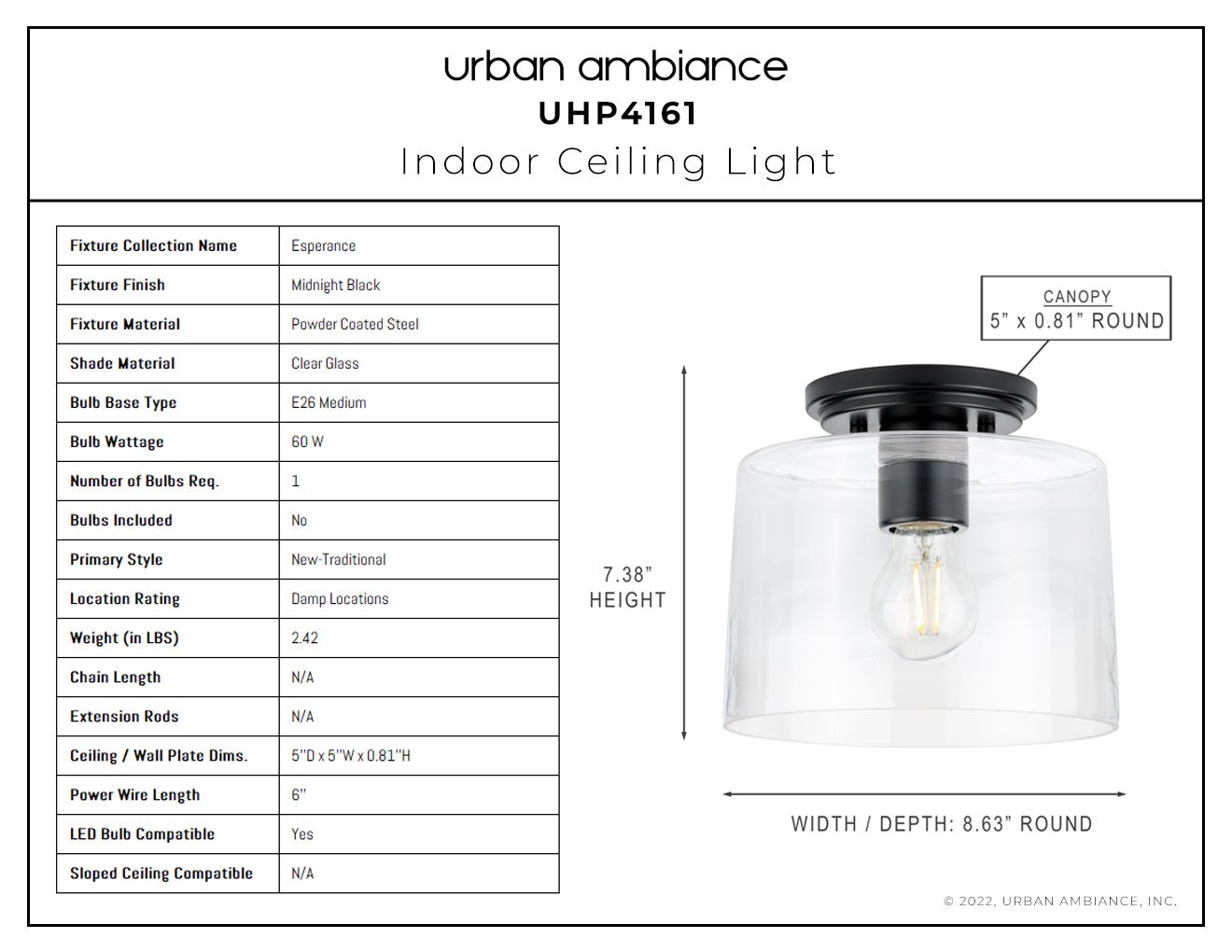 UHP4162 Traditional Ceiling Light 7.375''H x 8.625''W, Midnight Black Finish, Esperance Collection