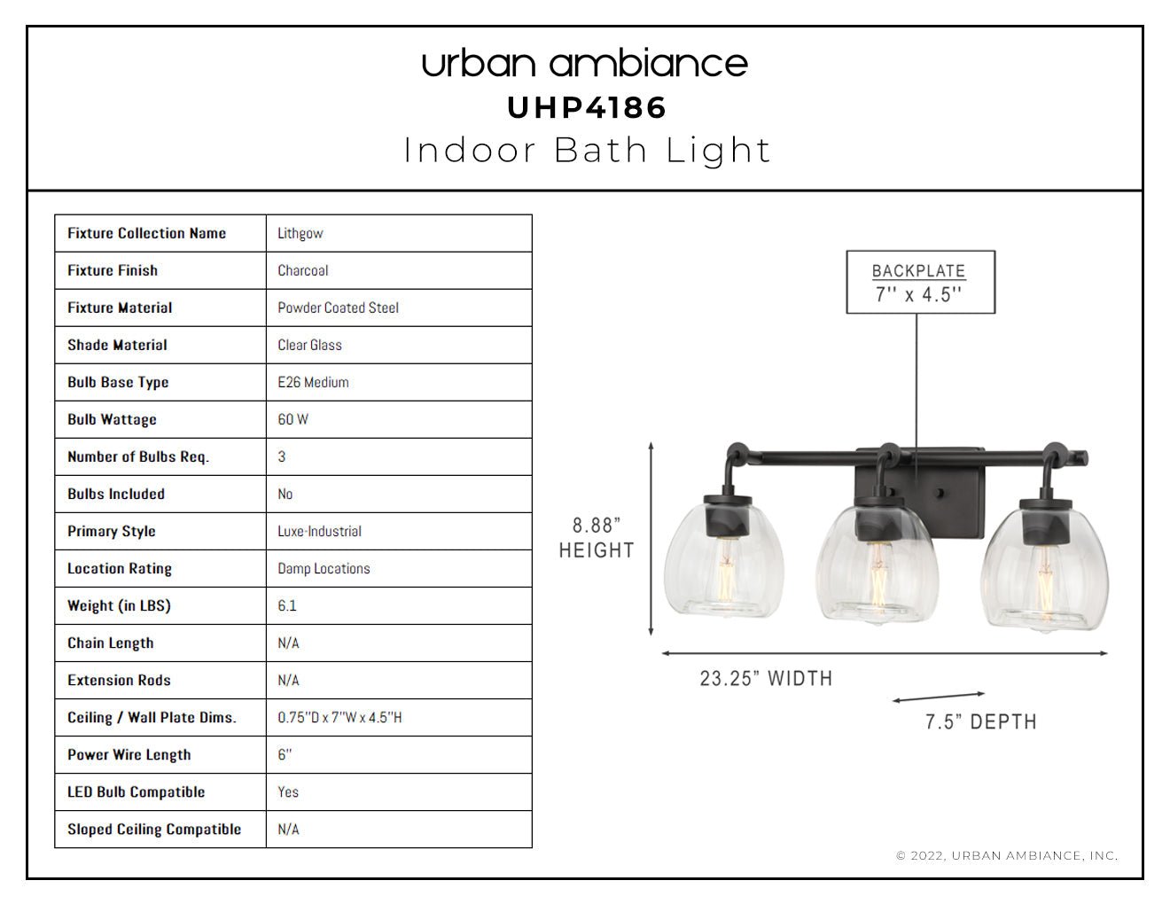 UHP4186 Industrial Bath Light 8.875''H x 23.25''W, Charcoal Finish, Lithgow Collection