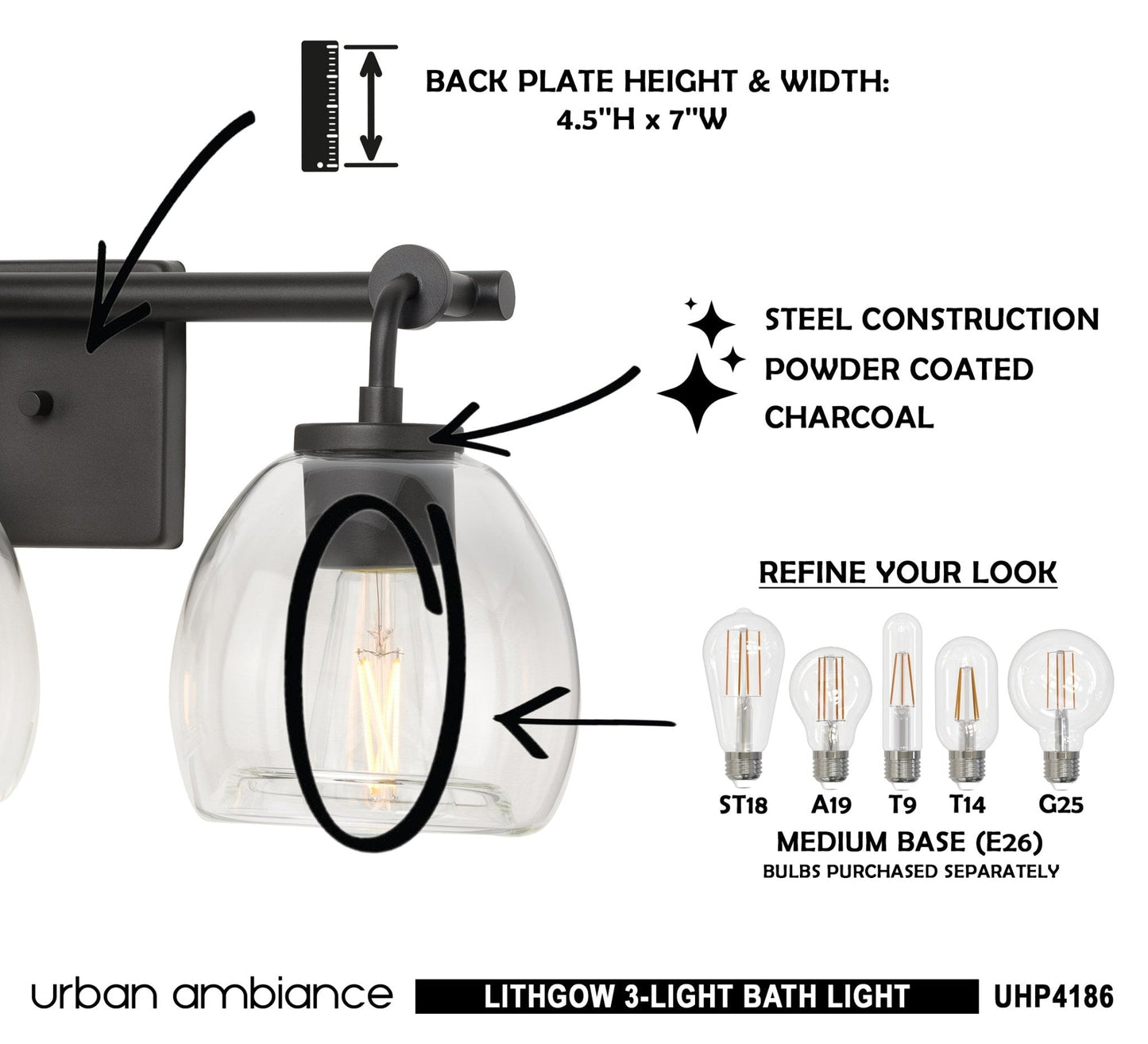 UHP4186 Industrial Bath Light 8.875''H x 23.25''W, Charcoal Finish, Lithgow Collection