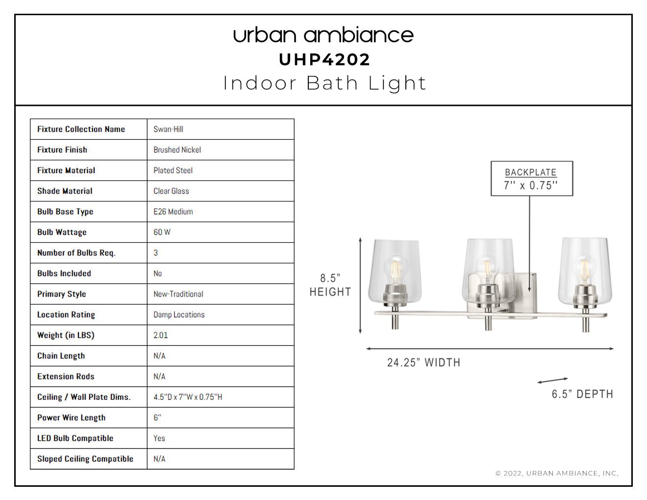 UHP4202 New Traditional Bath Light 8.5''H x 24.25''W, Brushed Nickel Finish, Swan-Hill Collection