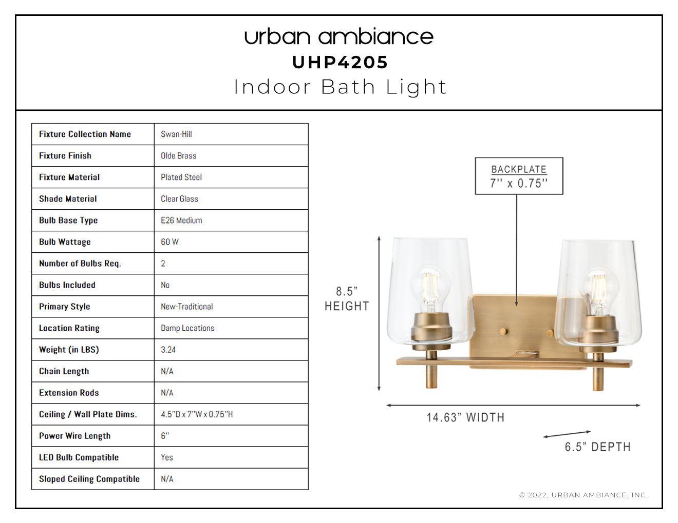 UHP4205 New Traditional Bath Light 8.5''H x 14.625''W, Olde Brass Finish, Swan-Hill Collection