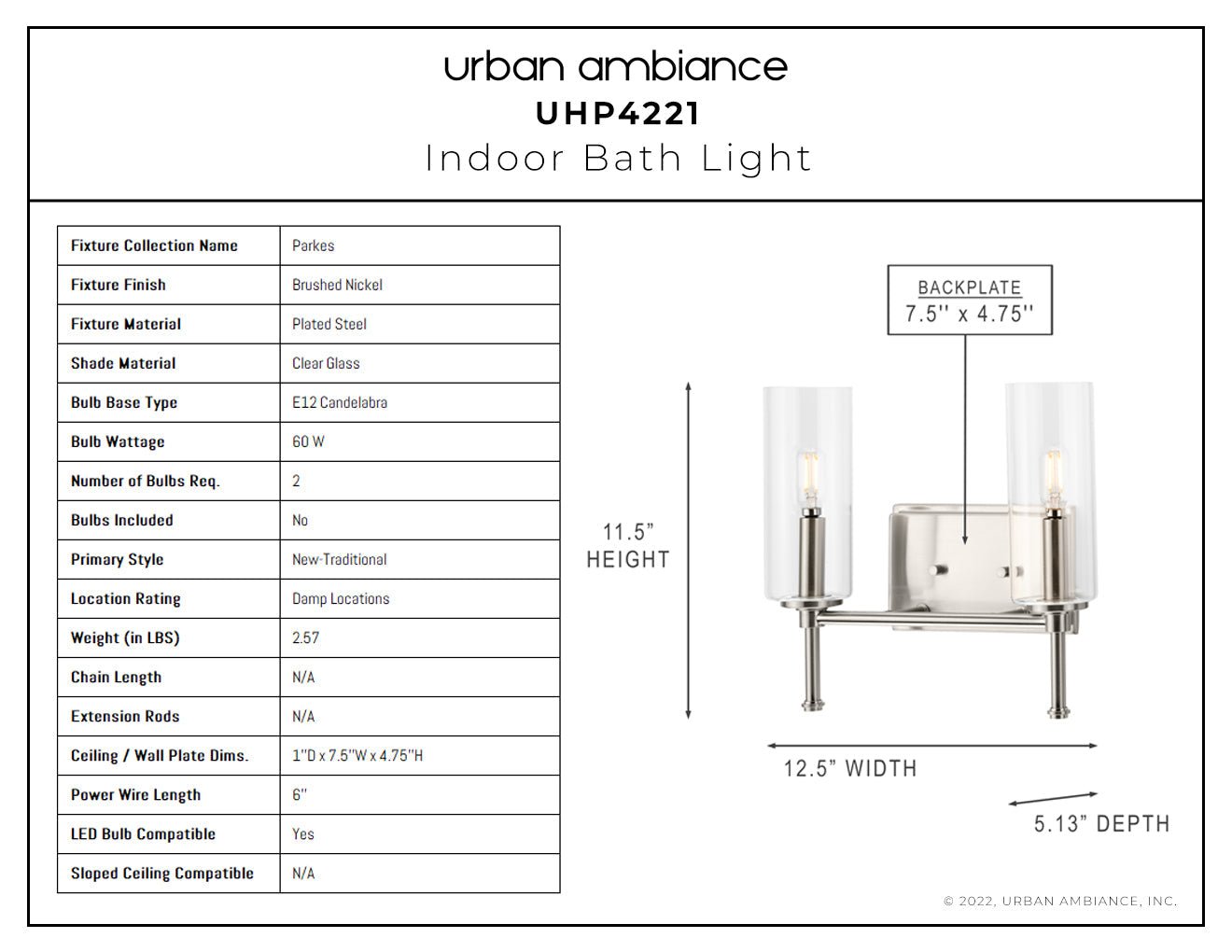 UHP4221 Contemporary Bath Light 11.5''H x 12.5''W, Brushed Nickel Finish, Parkes Collection