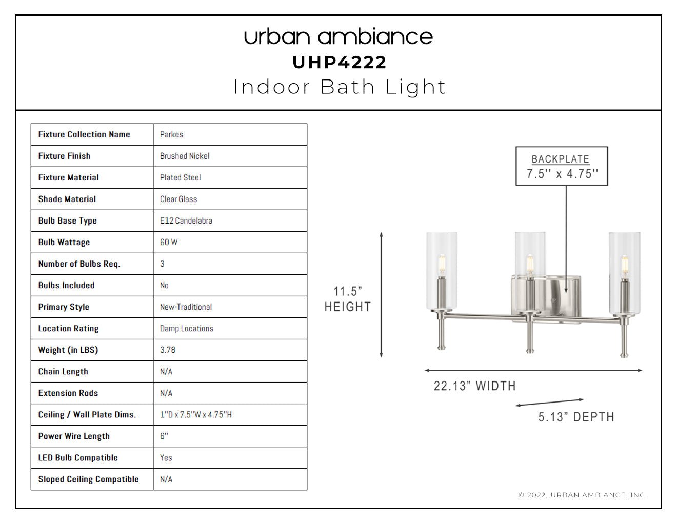 UHP4222 Contemporary Bath Light 11.5''H x 22.125''W, Brushed Nickel Finish, Parkes Collection