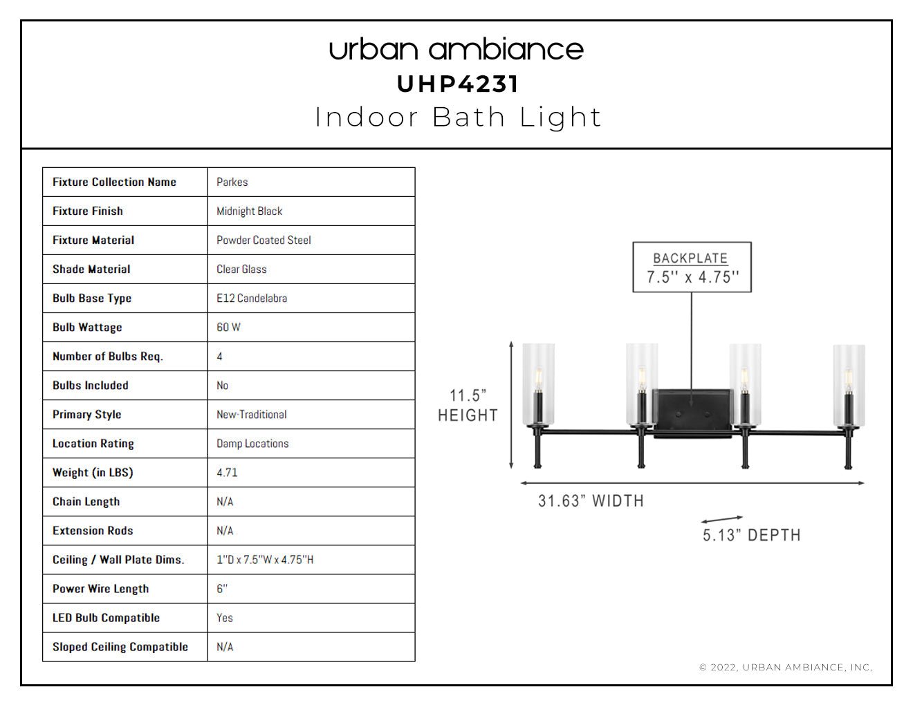 UHP4231 Contemporary Bath Light 11.5''H x 31.625''W, Midnight Black Finish, Parkes Collection