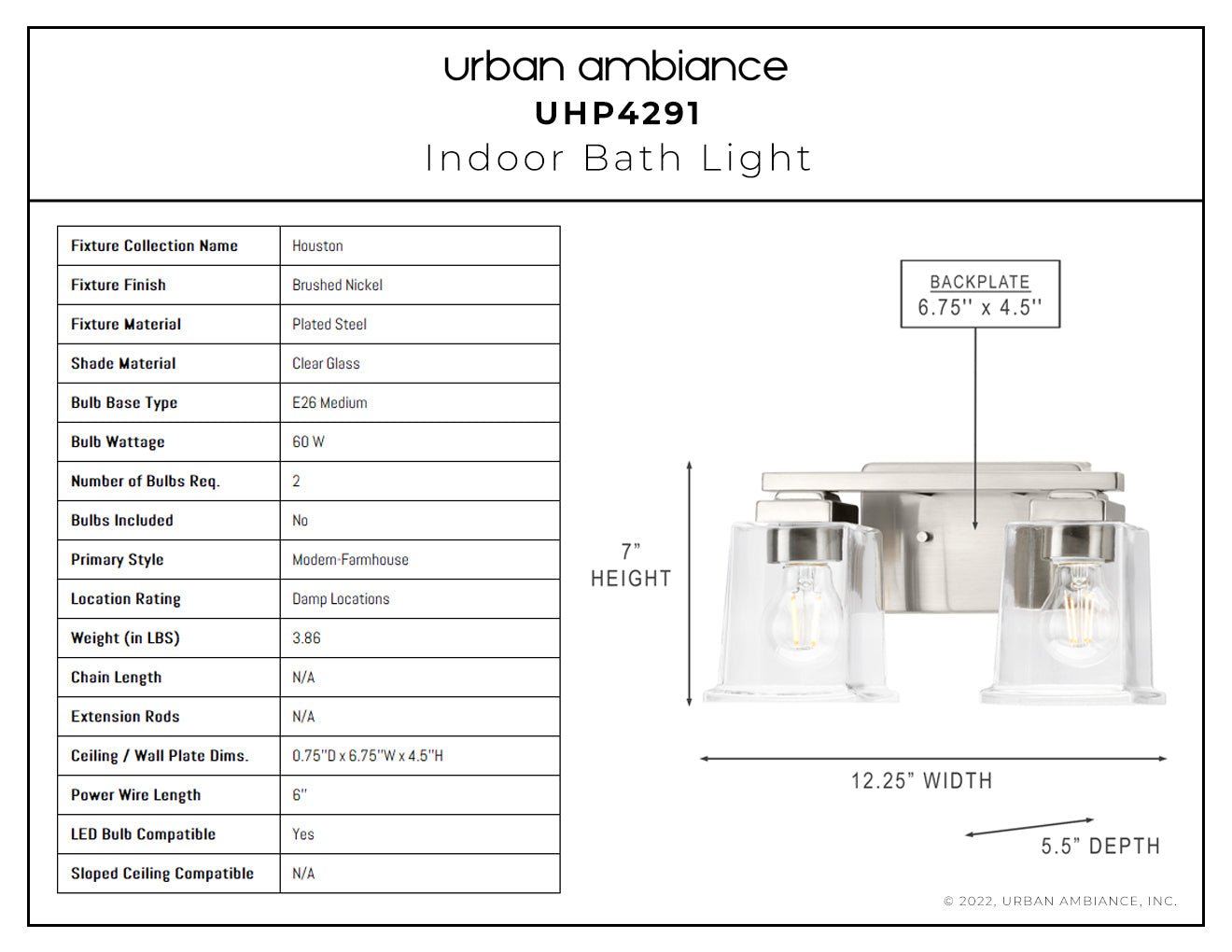 UHP4291 Craftsman Bath Light 7''H x 12.25''W, Brushed Nickel Finish, Houston Collection