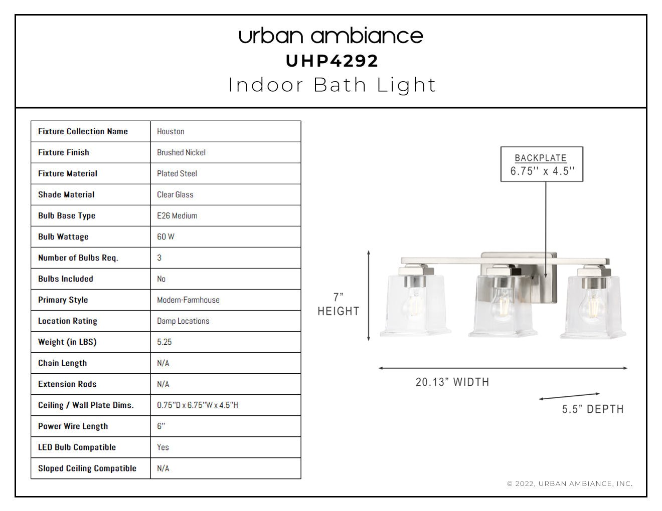 UHP4292 Craftsman Bath Light 7''H x 20.125''W, Brushed Nickel Finish, Houston Collection