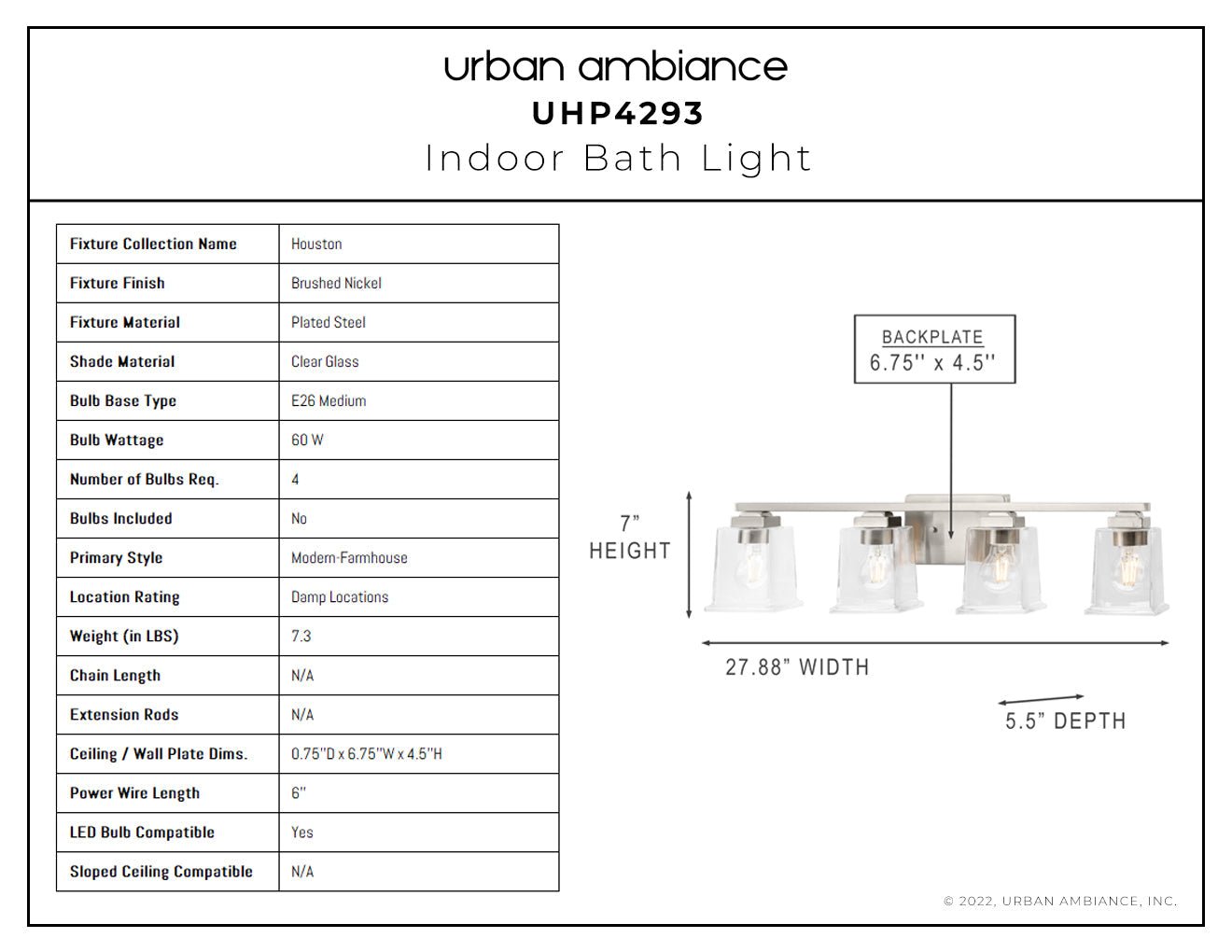 UHP4293 Craftsman Bath Light 7''H x 27.875''W, Brushed Nickel Finish, Houston Collection