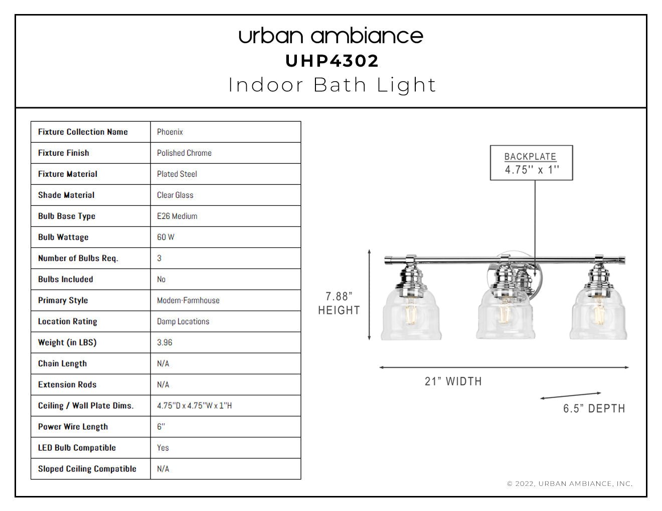 UHP4302 Vintage Bath Light 7.875''H x 21''W, Polished Chrome Finish, Phoenix Collection