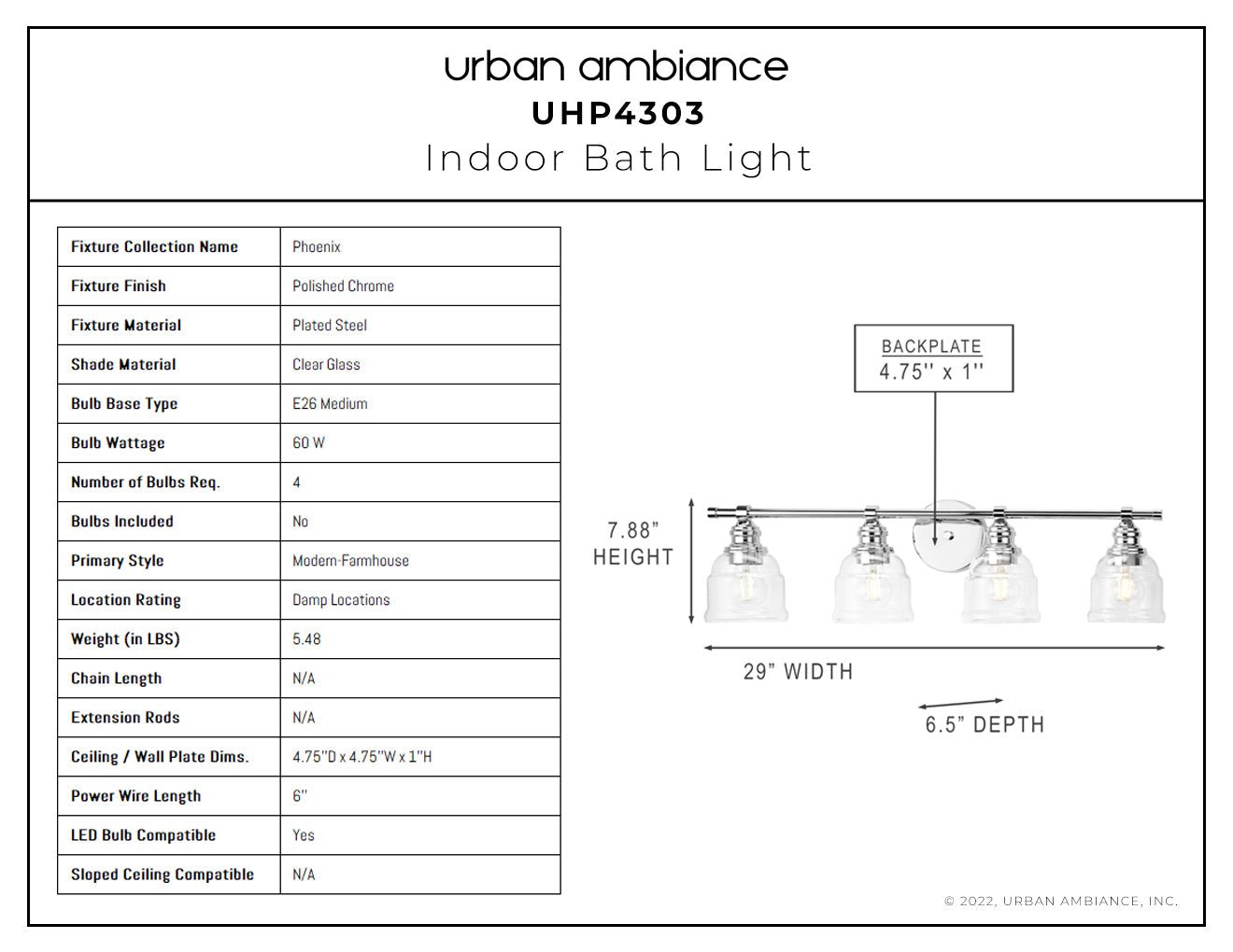 UHP4303 Vintage Bath Light 7.875''H x 29''W, Polished Chrome Finish, Phoenix Collection