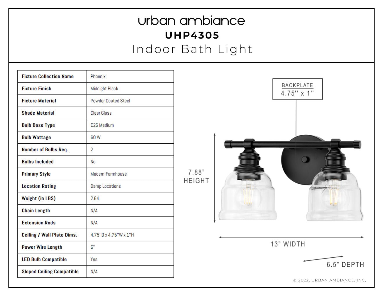 UHP4305 Vintage Bath Light 7.875''H x 13''W, Midnight Black Finish, Phoenix Collection