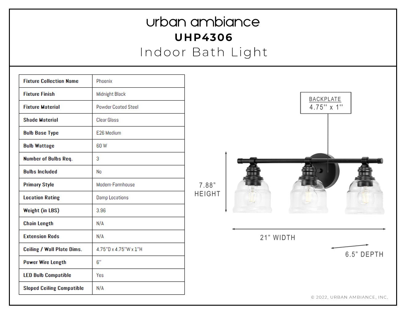 UHP4306 Vintage Bath Light 7.875''H x 21''W, Midnight Black Finish, Phoenix Collection