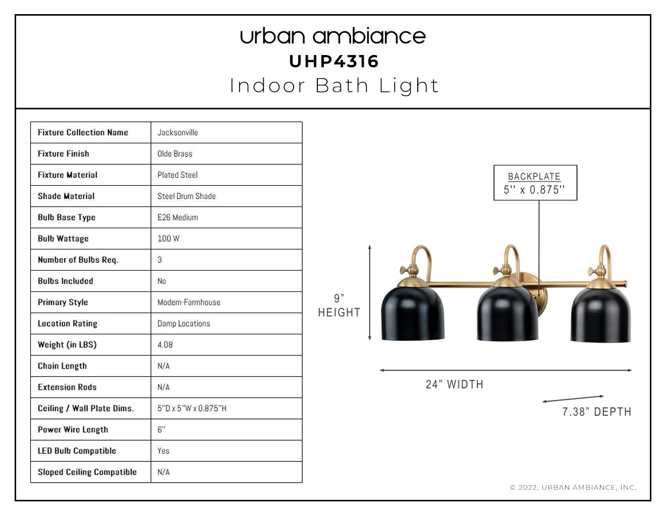 UHP4316 Vintage Bath Light 9''H x 24''W, Olde Brass Finish, Jacksonville Collection